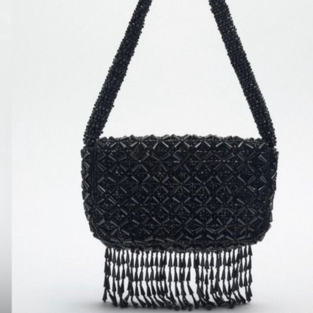 Zara Black Beaded Fringe Shoulder Bag